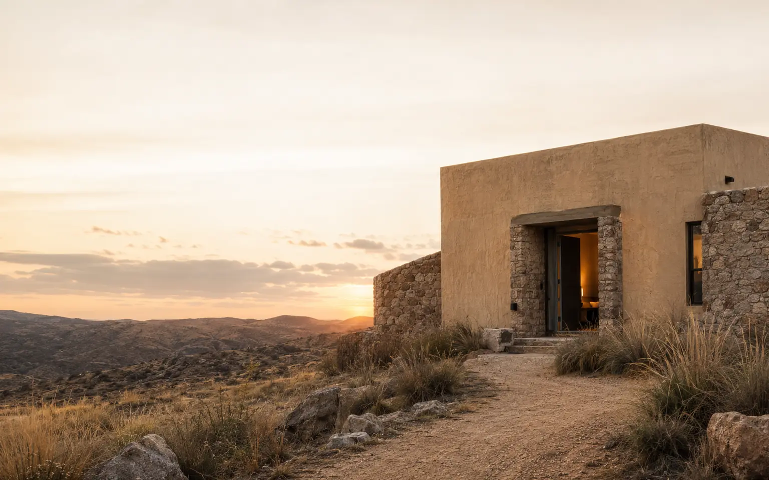 Refugio entre montañas al atardecer